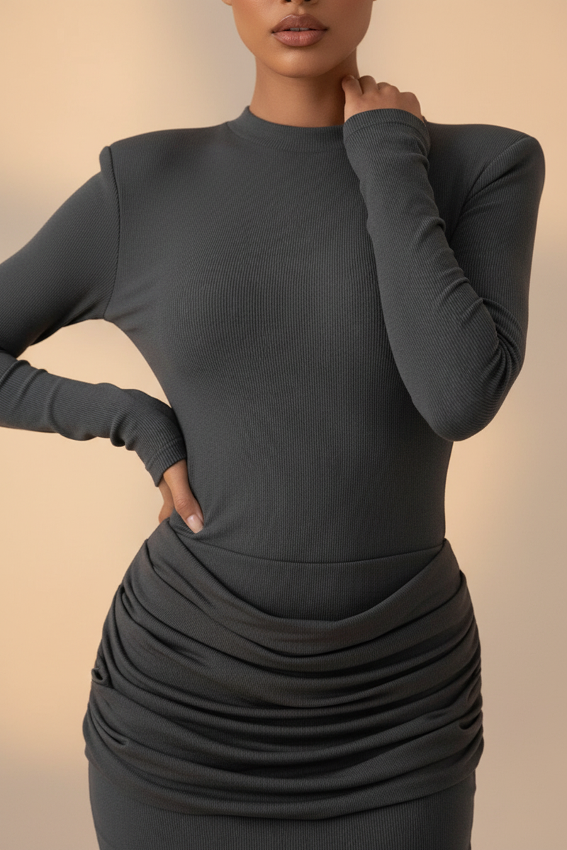 The Espresso Draped Mini — Grey, Correct Ribbed Cuff, Texture Close-Up